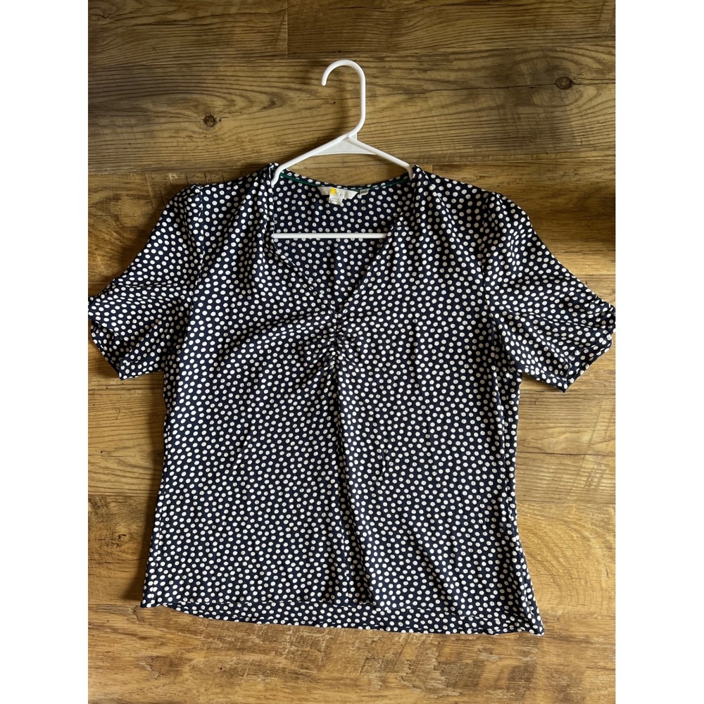 Boden Navy Polka Dot V-Neck‎ Blouse Size 12 Short Sleeve Business Casual - Picture 9 of 11